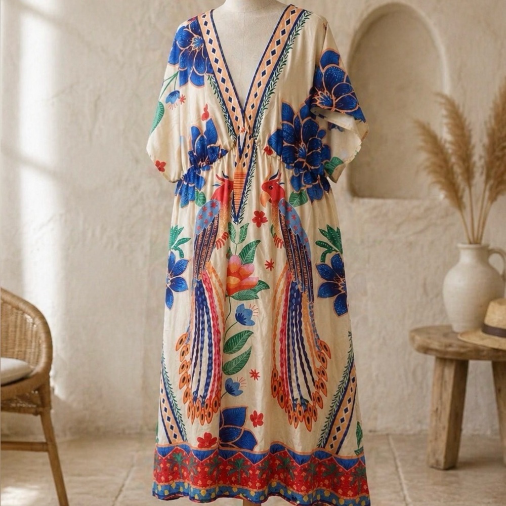 SHEIN Cream Maxi Dress with Blue Floral and Multicolor Peacock Motif